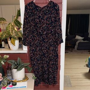 Forcast Floral Long Sleeve Midi Dress - Navy and Pink